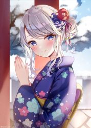 Rule 34 | 1girl, blue eyes, blush, closed mouth, commentary request, floral print, flower, hair flower, hair ornament, hands up, japanese clothes, kimono, long hair, looking at viewer, nail polish, obi, original, outdoors, own hands together, purple flower, purple kimono, red flower, sakura hiyori, sash, shrine, smile, snow, solo, standing, tree, white hair