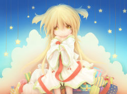 Rule 34 | 1girl, bare shoulders, blonde hair, child, cloud, collarbone, dress, gift, highres, long hair, manahui, messy hair, no nose, original, smile, solo, star (symbol), yellow eyes