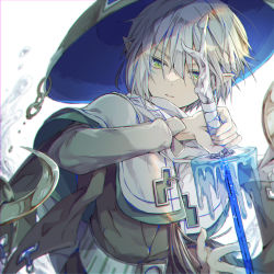 Rule 34 | 1boy, blonde hair, cape, copyright request, elf, green eyes, hat, highres, holding, holding sword, holding weapon, ice, long sleeves, looking at viewer, male focus, physics point, pointy ears, short hair, solo, sword, upper body, weapon, white background
