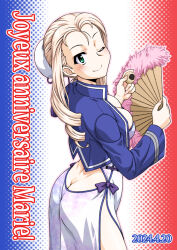 Rule 34 | 1girl, ass, bc freedom military uniform, blonde hair, blush, breasts, butt crack, china dress, chinese clothes, cleavage, closed mouth, dated, dress, drill hair, free french flag, girls und panzer, green eyes, hand fan, highres, holding, holding fan, large breasts, long hair, looking at viewer, marie (girls und panzer), military uniform, one eye closed, oosaka kanagawa, smile, solo, uniform