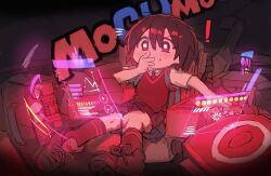Rule 34 | 1girl, a800, backpack, bag, black hair, black socks, black sweater, blue skirt, blush, brown footwear, eating, highres, holographic interface, looking at viewer, marvel, peni parker, red eyes, shirt, shoes, short hair, skirt, socks, solo, spider-man: into the spider-verse, spider-man (series), spider-verse, sweater, white shirt