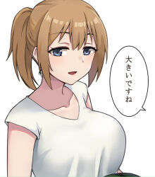Rule 34 | 1girl, :d, blue eyes, breasts, brown hair, cleavage, collarbone, commentary request, food, fruit, half-closed eyes, hashi, large breasts, looking at viewer, open mouth, original, ponytail, short sleeves, sideways glance, simple background, smile, solo, speech bubble, translation request, watermelon, white background