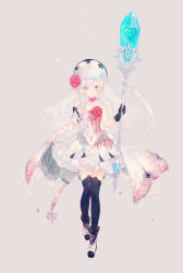 Rule 34 | 1girl, armband, asymmetrical gloves, black gloves, black thighhighs, blood, blood on clothes, boots, closed mouth, dress, expressionless, flower, full body, gloves, hair bun, hair flower, hair ornament, hat, holding, holding staff, looking at viewer, petticoat, ringo (pixiv27995436), rose, short hair, sidelocks, simple background, single hair bun, sinoalice, snow white (sinoalice), solo, staff, tan background, thighhighs, veil, white dress, white hair, zettai ryouiki
