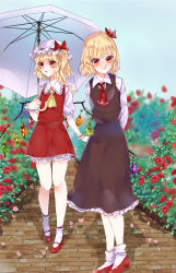 Rule 34 | 2girls, absurdres, ascot, black skirt, black vest, blonde hair, blush, bobby socks, bow, closed mouth, collared shirt, crystal, day, flandre scarlet, flower, frilled shirt collar, frilled skirt, frills, full body, hat, hat bow, hat ribbon, highres, holding, holding umbrella, leaf, long sleeves, looking at viewer, mary janes, medium hair, multicolored wings, multiple girls, one side up, open mouth, outdoors, pink petals, puffy short sleeves, puffy sleeves, red ascot, red bow, red eyes, red flower, red footwear, red ribbon, red rose, red skirt, red vest, ribbon, rose, rumia, shina (kabocha0906), shirt, shoes, short sleeves, skirt, skirt set, socks, touhou, umbrella, vest, walking, white headwear, white shirt, white socks, white umbrella, wings, yellow ascot