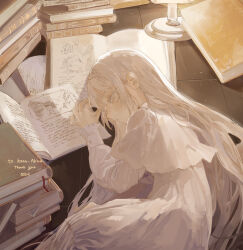 Rule 34 | 1girl, artist name, blonde hair, book, book stack, capelet, closed mouth, commission, dress, english text, grey eyes, hairband, highres, indoors, light particles, long hair, long sleeves, lying, on side, open book, original, osiri60812441, reading, signature, solo, thank you, tile floor, tiles, very long hair, white capelet, white dress, white hair
