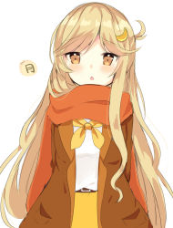 Rule 34 | 1girl, arms behind back, belt, belt buckle, blonde hair, blush, brown belt, brown eyes, brown jacket, buckle, copyright request, crescent, crescent hair ornament, fang, hair ornament, jacket, long hair, looking at viewer, maki soutoki, open clothes, open jacket, orange scarf, parted lips, scarf, shirt, simple background, skirt, solo, very long hair, white background, white shirt, yellow skirt