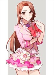 Rule 34 | 1girl, ace attorney, belt, bow, brown eyes, brown hair, closed mouth, cosplay, cowboy shot, crossed arms, frilled shirt, frilled skirt, frills, grey background, hand up, highres, jacket, jewelry, lapels, long hair, looking at viewer, magatama, magatama necklace, mia fey, minami mirei, minami mirei (cosplay), miniskirt, mole, mole under mouth, necklace, pink jacket, pink skirt, pretty series, pripara, red bow, sano (merrymerry), shirt, skirt, sleeve cuffs, smile, solo, straight hair, swept bangs, very long hair, white shirt