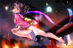 Rule 34 | 10s, 1girl, ass, bare legs, bell, black hair, blush, bow, building, burning, cherry blossoms, choker, feet, fire, floral print, frills, full body, geta, hair ribbon, japanese clothes, jingle bell, jumping, kimono, koutetsujou no kabaneri, lens flare, long sleeves, looking at viewer, looking back, mumei (kabaneri), nal (nal&#039;s pudding), night, night sky, open mouth, outdoors, panties, purple bow, purple ribbon, red eyes, ribbon, ribbon choker, sash, short kimono, signature, sky, solo, star (sky), tongue, tongue out, torii, transparent, tree, twintails, underwear, white panties, wide sleeves, yellow bow, yellow ribbon