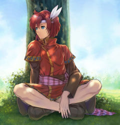 Rule 34 | 1boy, against tree, bad id, bad pixiv id, blue eyes, brown footwear, feather hair ornament, feathers, fire emblem, fire emblem: mystery of the emblem, goma (goma-folio), feather hair ornament, hair ornament, indian style, leaf, long sleeves, looking away, male focus, nintendo, no socks, outdoors, red hair, shoes, shorts, sitting, solo, tree, xane (fire emblem)