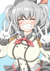 Rule 34 | 1girl, absurdres, beret, black hat, breasts, closed eyes, commentary request, double v, epaulettes, facing viewer, frilled sleeves, frills, gloves, grey hair, grey skirt, grin, hat, highres, jacket, kantai collection, kashima (kancolle), large breasts, military jacket, military uniform, neckerchief, red neckerchief, skirt, smile, solo, sosorin, twintails, uniform, upper body, v, wavy hair, white gloves