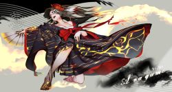 Rule 34 | 1girl, alternate costume, bandages, bare shoulders, barefoot, black eyes, black hair, black kimono, blunt bangs, bow, breasts, budget sarashi, character request, cleavage, copyright name, deemo, feather hair ornament, feathers, fire, folding fan, foreshortening, full body, hair ornament, hand fan, highres, holding, holding fan, japanese clothes, kimono, leaning back, long hair, long sleeves, mask, mask on head, medium breasts, on one knee, open clothes, open kimono, open mouth, outstretched arm, pointing, pointing to the side, red bow, sarashi, sash, solo, song name, waterswing, wide sleeves