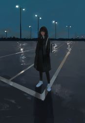 Rule 34 | 1girl, bag, belt, belt buckle, black coat, black dress, black hair, black pantyhose, buckle, building, chainsaw man, cloud, coat, collared shirt, dress, evening, facial scar, full body, hands in pockets, highres, lamppost, long sleeves, looking at viewer, medium hair, neck ribbon, null (skev7724), outdoors, pantyhose, parking lot, ribbon, ringed eyes, scar, scar on cheek, scar on face, school bag, shadow, shirt, shoes, sky, smile, solo, standing, white footwear, yellow eyes, yoru (chainsaw man)