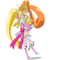 Rule 34 | 2girls, aida mana, blonde hair, blush, boots, bow, cacao (99chocolove99), carrying, closed eyes, couple, cure heart, cure rosetta, dokidoki! precure, happy, heart, hug, knee boots, long hair, multiple girls, open mouth, orange hair, pink bow, pink footwear, precure, simple background, smile, standing, waist bow, white background, yotsuba alice, yuri
