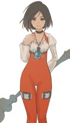 Rule 34 | 1girl, black hair, bodysuit, brown eyes, choker, closed mouth, commentary, final fantasy, final fantasy ix, garnet til alexandros xvii, jamauchi, jewelry, looking at viewer, necklace, orange bodysuit, short hair, simple background, smile, solo, staff, weapon, white background