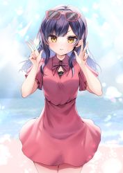 Rule 34 | &gt;:), 1girl, ayuma sayu, black hair, blush, bow, breasts, brown eyes, closed mouth, collared dress, commentary request, day, double w, dress, eyewear on head, hands up, highres, horizon, long hair, looking at viewer, ocean, original, outdoors, red-framed eyewear, red bow, red dress, short sleeves, small breasts, smile, solo, sunglasses, v-shaped eyebrows, w, water