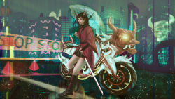 Rule 34 | 1girl, bad id, bad pixiv id, bare legs, black footwear, black hair, boots, building, city, city lights, cityscape, cross-laced footwear, cyberpunk, english text, highres, holding, holding umbrella, horns, japanese clothes, kimono, knee boots, lace-up boots, lefthandchi, long hair, motor vehicle, motorcycle, night, night sky, obi, oni, oni horns, original, pleated skirt, rain, red kimono, reflection, sash, scenery, skirt, sky, skyline, skyscraper, solo, sword, transparent, transparent umbrella, umbrella, water drop, weapon