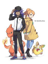 Rule 34 | 1boy, 1girl, absurdres, black footwear, black headwear, black pants, black shirt, blue pants, blush, boots, charmeleon, closed mouth, coat, commentary request, creatures (company), dark-skinned male, dark skin, eyelashes, flame-tipped tail, game freak, gen 1 pokemon, gen 8 pokemon, green eyes, green shirt, hand in pocket, hand on headwear, hat, high heel boots, high heels, highres, interlocked fingers, jacket, leon (pokemon), long hair, looking back, nintendo, open mouth, orange hair, pants, pokefan cheng, pokemon, pokemon (anime), pokemon (creature), pokemon swsh043, pokemon journeys, purple hair, ribbed shirt, shirt, shoes, smile, sonia (pokemon), standing, teeth, tongue, twitter username, yamper, yellow eyes, aged down, zipper pull tab