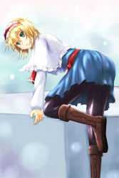Rule 34 | 1girl, alice margatroid, ass, bent over, black pantyhose, blonde hair, blue eyes, boots, cape, capelet, dacho, female focus, hairband, pantyhose, skirt, solo, touhou