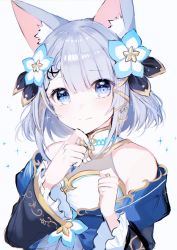 Rule 34 | 1girl, animal ear fluff, animal ears, blue eyes, blue flower, blue jacket, blush, braid, commentary request, dress, flower, hair flower, hair ornament, hand on own chin, hands up, highres, indie virtual youtuber, jacket, kotsuki rimu, long sleeves, looking at viewer, medium hair, noyu (noyu23386566), off shoulder, silver hair, smile, solo, virtual youtuber, white background, white dress, wide sleeves