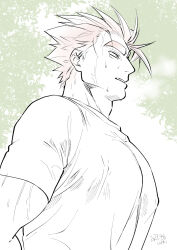 Rule 34 | 1boy, bara, covered erect nipples, deruha (this communication), from side, highres, huge eyebrows, large pectorals, light frown, looking ahead, male focus, muscular, muscular male, muted color, open mouth, pectorals, pink hair, profile, shirt, short hair, solo, spiked hair, sweat, t-shirt, this communication, umedairuka, upper body, very sweaty