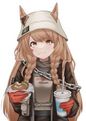 Rule 34 | 1girl, :t, absurdres, arknights, black jacket, braid, brown eyes, brown hair, brown shirt, burger, ceobe (arknights), ceobe (unfettered) (arknights), cup, disposable cup, drinking straw, ear ornament, ears through headwear, food, food on face, gloves, hands up, hat, highres, holding, holding cup, holding food, jacket, lacie (laa acie), long hair, official alternate costume, open clothes, open jacket, red gloves, shirt, side braids, simple background, solo, upper body, very long hair, white background, white hat