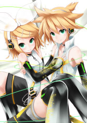 Rule 34 | 1boy, 1girl, absurdres, aqua eyes, arm warmers, bare shoulders, black thighhighs, blonde hair, brother and sister, detached sleeves, hair ornament, hair ribbon, hairclip, headphones, hetero, highres, hug, kagamine len, kagamine len (append), kagamine rin, kagamine rin (append), leg warmers, navel, popped collar, ribbon, school uniform, serafuku, short hair, shorts, shuuichi (gothics), siblings, sitting, smile, thighhighs, twins, twintails, vocaloid, vocaloid append