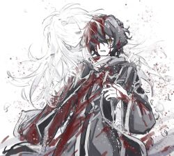 Rule 34 | 2boys, blood, blood in hair, blood on clothes, blood on face, blood on hands, chinese commentary, closed mouth, commentary request, hands on another&#039;s shoulders, hatsutori hajime, highres, horizontal pupils, jiekuijiangshadaonijiamenkou, long hair, long sleeves, male focus, multiple boys, parted bangs, red eyes, saibou shinkyoku, short hair, smile, spot color, utsugi noriyuki