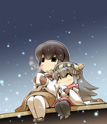 Rule 34 | 10s, 2girls, = =, ^ ^, akagi (kancolle), blanket, brown hair, coat, commentary request, cup, detached sleeves, closed eyes, food, geta, grey hair, hair ornament, hairclip, haruna (kancolle), headband, headgear, hisahiko, holding, holding cup, i-class destroyer, kantai collection, long hair, long sleeves, mittens, mug, multiple girls, night, night sky, nontraditional miko, plate, red skirt, sakura mochi, scarf, shoes, sidelocks, sitting, skirt, sky, smile, snow, snowing, steam, thighhighs, wagashi, white legwear, wide sleeves