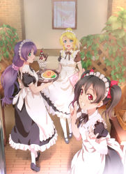 Rule 34 | alternate costume, apron, aqua eyes, ayase eli, black footwear, black hair, blonde hair, blue eyes, enmaided, food, grin, hands up, highres, holding, holding plate, koukaku, long hair, looking at viewer, love live!, love live! school idol project, low twintails, maid, maid apron, maid headdress, mary janes, open mouth, pantyhose, plate, ponytail, puffy short sleeves, puffy sleeves, purple hair, red eyes, shoes, short sleeves, smile, tojo nozomi, twintails, white legwear, yazawa nico