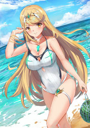 Rule 34 | 1girl, bare arms, bare shoulders, beach, blonde hair, blue sky, blush, breasts, chest jewel, choker, cleavage, covered navel, cowboy shot, day, earrings, food, fruit, gem, highres, jewelry, kiiro kimi, large breasts, long hair, mythra (xenoblade), one-piece swimsuit, outdoors, sky, smile, solo, strap lift, swept bangs, swimsuit, thigh strap, tiara, very long hair, water, watermelon, white choker, white one-piece swimsuit, xenoblade chronicles (series), xenoblade chronicles 2, yellow eyes