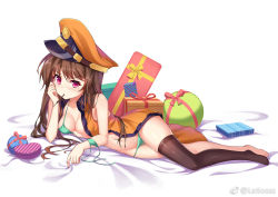Rule 34 | 1girl, bare arms, bare shoulders, bed sheet, bikini, box, breasts, brown hair, brown thighhighs, cheek rest, cleavage, commentary request, food, frown, gift, gift box, green bikini, groin, hat, latioss, long hair, looking at viewer, lowleg, lowleg bikini, lying, medium breasts, mouth hold, navel, no pants, open clothes, open shirt, orange hat, orange shirt, original, peaked cap, purple eyes, shirt, single thighhigh, sleeveless, sleeveless shirt, solo, stomach, swimsuit, thighhighs, untied bikini, v-shaped eyebrows, white background, wing collar