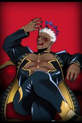 Rule 34 | 1boy, abs cutout, absurdres, bara, black bodysuit, black nails, bodysuit, cleavage cutout, clothing cutout, collared coat, crossed legs, dark-skinned male, dark halo, dark skin, facial tattoo, feet out of frame, gold trim, halo, highres, israfil (housamo), large pectorals, letterboxed, licking lips, liquid, lisuchi, long sleeves, looking at viewer, male focus, muscular, muscular male, pectoral cleavage, pectorals, red background, red eyes, short hair, signature, sitting, solo, spiked hair, tattoo, tokyo houkago summoners, tongue, tongue out, white hair