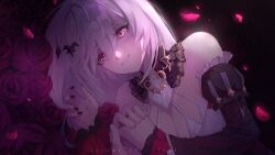Rule 34 | 1girl, 1other, bare shoulders, black nails, black sleeves, commentary, detached sleeves, english commentary, flower, hair between eyes, highres, holding hands, honkai (series), honkai impact 3rd, interlocked fingers, izukei, layered sleeves, long hair, long sleeves, theresa apocalypse (luna kindred), nail polish, petals, puffy short sleeves, puffy sleeves, red eyes, red flower, red rose, rose, rose petals, second-party source, short over long sleeves, short sleeves, sleeves past wrists, smile, solo focus, theresa apocalypse (luna kindred), theresa apocalypse (lunar vow: crimson love), white hair