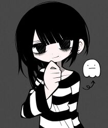 Rule 34 | 1girl, :|, asymmetrical hair, bags under eyes, black eyes, black hair, black shirt, blunt bangs, closed mouth, collarbone, commentary, earrings, empty eyes, film grain, funamusea, funamusea (artist), funamushi (funamusea), ghost, grey background, hand on own chest, hand on own chin, highres, jewelry, light smile, long sleeves, looking at viewer, mole, mole under mouth, off-shoulder shirt, off shoulder, shirt, short hair, single earring, smile, solo, striped clothes, striped shirt, stud earrings, two-tone shirt, upper body, white shirt
