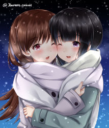 Rule 34 | 2girls, baretto (firearms 1), black hair, blunt bangs, blush, breath, brown hair, cheek-to-cheek, coat, green coat, heads together, hug, kantai collection, kitakami (kancolle), lips, long hair, long sleeves, multiple girls, ooi (kancolle), pink eyes, purple eyes, scarf, shared clothes, shared scarf, snowing, tareme, twitter username, upper body, white coat, white scarf, winter, winter clothes, winter coat, yuri