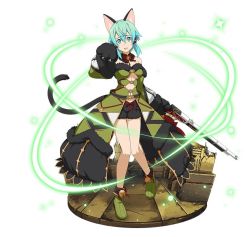 Rule 34 | 1girl, animal ears, animal hands, aqua eyes, aqua hair, black gloves, black ribbon, black shorts, breasts, cat ears, cat tail, choker, detached sleeves, faux figurine, full body, gloves, gun, hair between eyes, hair ribbon, head tilt, holding, holding gun, holding weapon, looking at viewer, medium breasts, open mouth, paw gloves, ribbon, rifle, shoes, short hair with long locks, short shorts, shorts, sidelocks, simple background, sinon, solo, standing, strapless, sword art online, tail, underboob, weapon, white background