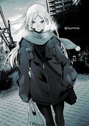 Rule 34 | 1girl, badge, bag, boots, borrowed clothes, breast pocket, breath, building, cold, enpera, feather hair, feet out of frame, hand in pocket, highres, holding, holding bag, jacket, knee boots, konami kirie, long hair, looking at viewer, monochrome, morita yuu, outdoors, pantyhose, parted bangs, pavement, plastic bag, pocket, scar, scarf, shoulder bag, solo, standing, world trigger