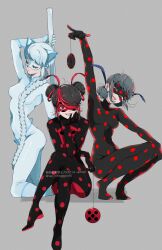 3girls animal_ears black_bodysuit black_hair black_mask blue_eyes bodysuit braid cat_ears cat_girl double_bun grey_background hair_bun highres holding holding_weapon lady_noir ladybug_(character) long_hair marinette_dupain-cheng miraculous_ladybug multiple_girls open_mouth polka_dot red_eyes seio_(nao_miragggcc45) shadybug short_twintails single_braid sitting slit_pupils smile superhero_costume twintails very_long_hair weapon white_hair white_mask yo-yo