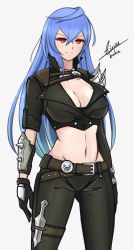 Rule 34 | 1girl, absurdres, airisubaka, alternate costume, blue hair, blush, breasts, cleavage, cosplay, dagger, gloves, highres, iris heart, jacket, kami jigen game neptune v, katarina (league of legends), katarina du couteau (cosplay), knife, large breasts, league of legends, leather, leather gloves, leather jacket, leather pants, long hair, looking at viewer, navel, neptune (series), pants, polearm, power symbol, power symbol-shaped pupils, pururut, red eyes, simple background, smile, solo, stomach, symbol-shaped pupils, very long hair, weapon, white background