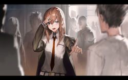 Rule 34 | 1boy, 1girl, aituoku, blue eyes, blush, brown hair, commentary request, hand on own head, highres, jacket, letterboxed, long hair, makise kurisu, necktie, okabe rintarou, open mouth, photoshop (medium), pointing, red necktie, steins;gate
