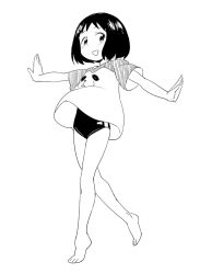 Rule 34 | 1girl, barefoot, blush, character request, copyright request, full body, greyscale, monochrome, ookamiuo, open mouth, raglan sleeves, shirt, short hair, simple background, solo, t-shirt, white background