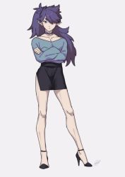 Rule 34 | 1boy, alternate costume, black footwear, black skirt, crossdressing, crossed arms, fengxi (the legend of luoxiaohei), full body, grey shirt, hair over one eye, high heels, long hair, long sleeves, pencil skirt, pointy ears, purple hair, rkp, shirt, shoes, side slit, signature, simple background, skirt, solo, standing, luo xiaohei zhanji, white background