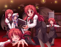 Rule 34 | 5girls, :d, :o, = =, ^ ^, balancing, bat wings, blush, book, book on head, clone, closed eyes, crescent, dress shirt, embodiment of scarlet devil, fallen down, female focus, hat, head wings, koakuma, library, long hair, long sleeves, lzh, multiple girls, multiple persona, necktie, object on head, open mouth, outstretched arms, pantyhose, patchouli knowledge, purple hair, red eyes, red hair, red necktie, shirt, skirt, skirt set, smile, spread arms, sweatdrop, teardrop, tears, touhou, vest, voile, wings