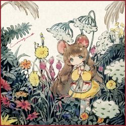 Rule 34 | 1girl, animal ears, apron, brown hair, closed mouth, conago, dot mouth, dress, film grain, flower, green eyes, highres, leaf, long hair, long sleeves, mini person, minigirl, mouse ears, mouse tail, original, personification, red ribbon, ribbon, solo, standing, tail, yellow dress