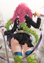 Rule 34 | 1girl, ass, belt, black panties, black skirt, blood, braid, facing away, feet out of frame, from behind, gluteal fold, gradient hair, green hair, green thighhighs, holding, holding weapon, kanroji mitsuri, kimetsu no yaiba, long hair, long sleeves, miniskirt, multicolored hair, naha78, panties, pantyshot, pink hair, pleated skirt, skindentation, skirt, smoke, solo, standing, striped clothes, striped thighhighs, thighhighs, tri braids, underwear, unsheathed, upskirt, vertical-striped clothes, vertical-striped thighhighs, very long hair, weapon, whip