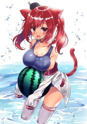 Rule 34 | 1girl, animal ears, azur lane, bad id, bad pixiv id, blush, breasts, cat ears, cat tail, food, fruit, hair ornament, highres, honoka chiffon, i-19 (azur lane), in water, large breasts, long hair, looking at viewer, one-piece swimsuit, open mouth, red hair, school swimsuit, sleeves past wrists, smile, solo, swimsuit, tail, thighhighs, twintails, wading, watermelon