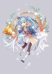 Rule 34 | 1girl, 39, ahoge, band uniform, black thighhighs, blue eyes, blue hair, blue jacket, blue ribbon, blush, boots, breasts, commentary, epaulettes, flower, french horn, fringe trim, gloves, grey background, hair between eyes, hair ornament, hand up, hat feather, hatsune miku, highres, instrument, jacket, leaf, long hair, long sleeves, looking at viewer, mini shako cap, musical note, musical note print, open mouth, ouu min, pleated skirt, red flower, ribbon, skirt, sleeve cuffs, small breasts, snowflakes, solo, thighhighs, twintails, very long hair, vocaloid, white footwear, white gloves, x hair ornament, yuki miku, yuki miku (2020)