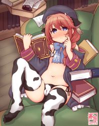 Rule 34 | 1girl, animal print, artist logo, beret, bikini, black coat, black hat, blue bow, blue bowtie, blush, book, bookshelf, bow, bowtie, braid, cameltoe, cleft of venus, coat, couch, covered erect nipples, cow horns, cow print, crown braid, dated, finger to cheek, flat chest, hair over shoulder, hat, highres, holding, holding book, horns, indoors, kanon (kurogane knights), library, long hair, long sleeves, looking at viewer, lying, navel, on back, on couch, open clothes, open coat, paper, princess connect!, print bikini, print thighhighs, purple eyes, red hair, side-tie bikini bottom, solo, split mouth, swimsuit, thighhighs, twin braids, yuni (princess connect!)