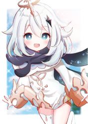 Rule 34 | 1girl, blue eyes, cape, dress, genshin impact, hair between eyes, halo, looking at viewer, paimon (genshin impact), scarf, short hair, simple background, teeth, thighhighs, thighs, upper teeth only, user wrau3422, white background, white dress, white hair, white thighhighs