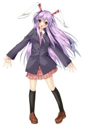 Rule 34 | 1girl, absurdres, animal ears, blazer, blush, breasts, rabbit ears, female focus, full body, highres, jacket, kantoku (style), long hair, looking at viewer, medium breasts, necktie, open mouth, outstretched arms, outstretched hand, pigeon-toed, piromizu, purple hair, red eyes, reisen udongein inaba, skirt, smile, solo, spread arms, standing, touhou, transparent background